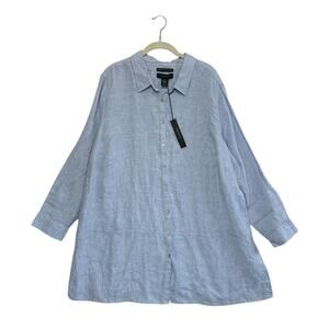 Tahari Essentials Linen Button Up Tunic Shirt NWT Women's 2X Light Blue Relaxed